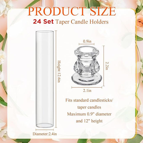 24 Set Christmas Glass Hurricane Candle Holders 12.6" Open Ended Glass Candleholder Tube Shape Bottomless and 2.2" Taper Clear Candlestick Holders for Wedding Party Table Centerpiece (Clear)