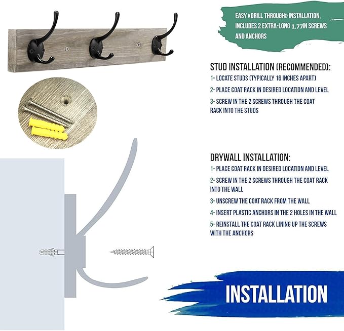 Wall Mounted Coat Rack,Wooden Entryway Vintage Rustic Coat Rack Hat Hanger Rack Zinc die-cast 3-Hook Rail for The Entryway, Bathroom, Bedroom, Kitchen, Mudroom (3 Hooks, Pinewood)