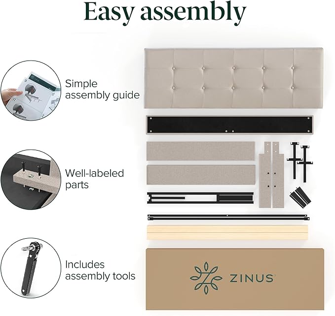 ZINUS Ibidun Upholstered Platform Bed Frame, Mattress Foundation, Wood Slat Support, No Box Spring Needed, Eco Friendly WonderBox (TM), Easy Assembly, Soft Beige, Queen