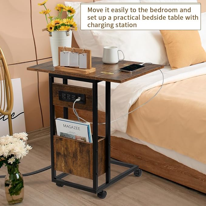 Hadulcet C Tables End Table Set of 2, C Shaped Side Table with Charging Station, Folding Table TV Trays for Eating, Couch Tables That Slide Under, Small End Table Snack Tables, Rustic Brown