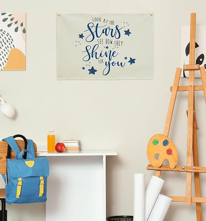 Boho Rectangular Banner Flag Wall Sign Decor Gift for Boy Girl Kids,Nursery Baby Room Above Crib Bedroom Playroom Living Room Wall Decor-Look At the Stars See-Baby Shower Birthday Christmas Gift
