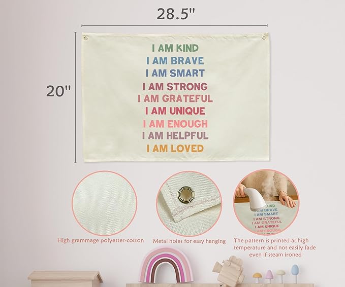 Boho Rectangular Banner Flag Wall Sign Decor Gift for Baby Boy Girl Kids,Positive Nursery Classroom Above Crib Bedroom Playroom Reading Room Essential Wall Decor- Christmas Gift I am Kind I am Brave