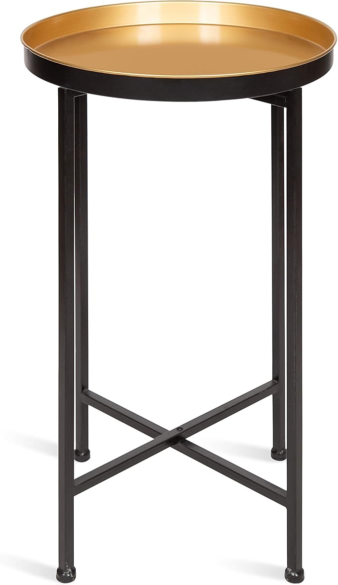 Kate and Laurel Celia Round Foldable Tray Accent Table, 14" x 14" x 25.75", Black and Gold, Modern Minimalist Design and Detachable Magnetic Tabletop