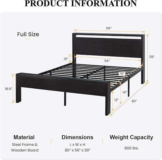 SHA CERLIN 14 Inch Full Size Metal Platform Bed Frame with Wooden Headboard and Footboard, Mattress Foundation, No Box Spring Needed, Large Under Bed Storage, Non-Slip Without Noise, Black Oak