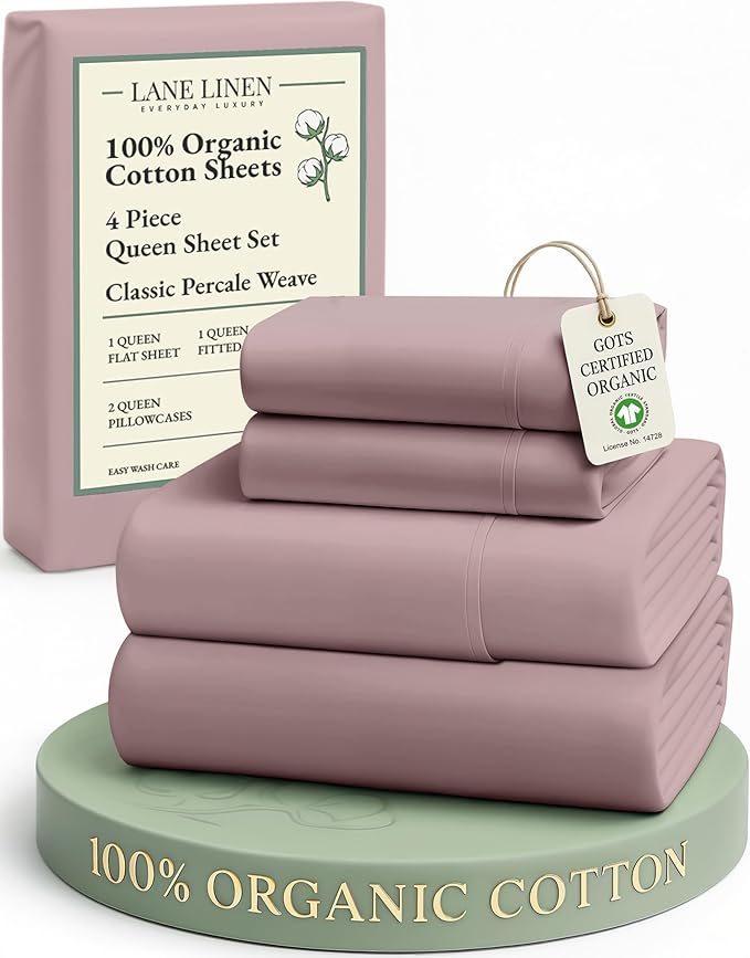 LANE LINEN Queen Size Sheets Set, 100% Organic Cotton Sheet Set, 4 Pc Queen Sheets, Percale Weave, Breathable Hotel Quality Queen Size Deep Pocket Cooling Sheet, Oeko-Tex Sheets - Lilac
