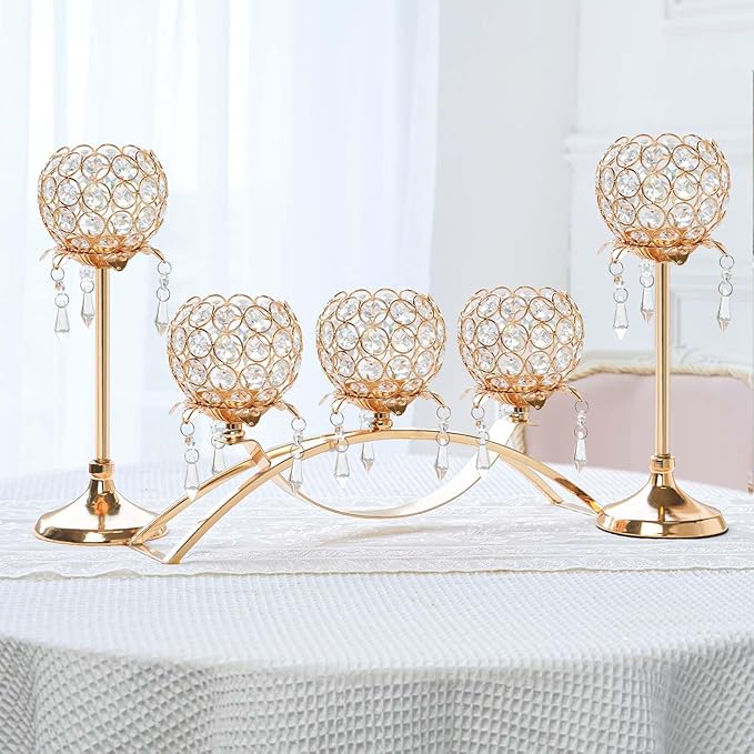 Set of 3 Gold Crystal Tea Light Candlestick Holders Flower Shape with Crystal Pendant Bowl Votive Metal Candle Holder for Table Centerpieces Wedding Home Decor (Set of 3, Gold)
