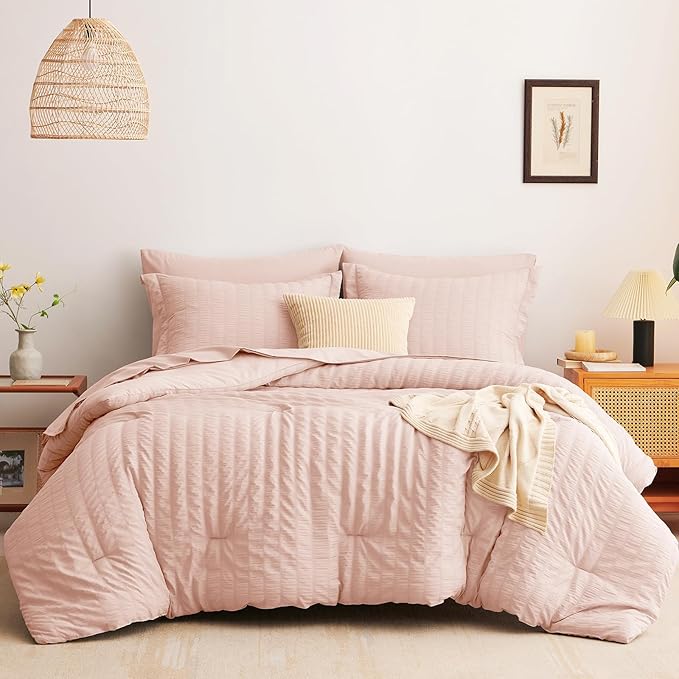 CozyLux Full Size Comforter Sets with Sheets Seersucker 7 Pieces Blush Pink Bed in a Bag Textured Luxury Soft Bedding Set with Down Alternative Comforter, Sheets, Pillowcases & Shams for All Seasons
