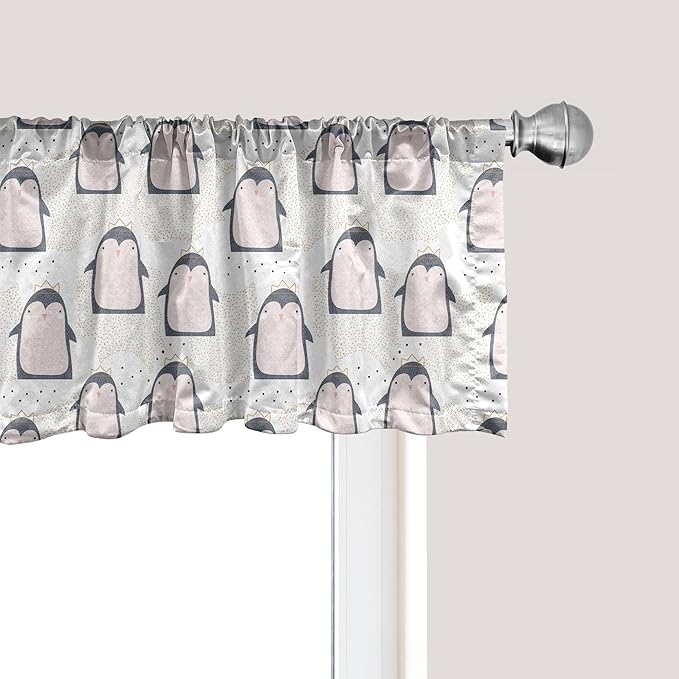 Ambesonne Penguin Window Valance Pack of 2, Pastel Colored Style Cartoon Animals from Antarctica Crowns on a Dotted Background, Rod Pocket Curtain Valances for Kitchen Bedroom, 42" X 12", Grey Pink