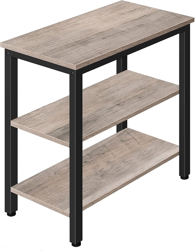 HOOBRO End Table, Simple Rustic Side Table with 3-Tier Storage Shelf, Narrow Nightstand for Small Spaces, Easy Assembly, for Living Room, Bedroom, Metal, Industrial Design, Greige and Black BG14BZ01