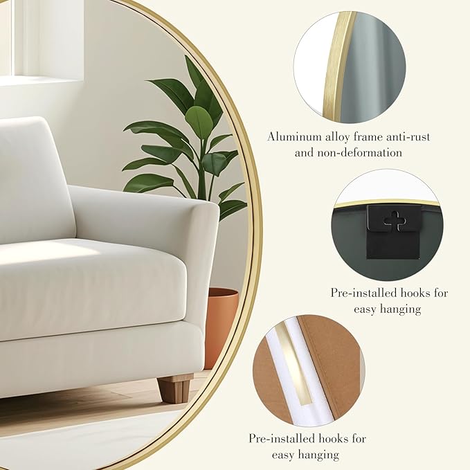 DUMOS Gold Circle Mirror for Wall 24.02 inch, Bathroom Round Mirror for Over Sink, Bathroom, Entryway, Bedroom, Vanity