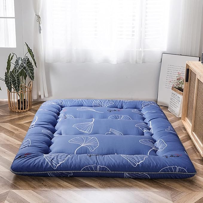 MAXYOYO Leaf Printed Japanese Futon Floor Mattress, Thicken Sleeping Pad Floor Bed Roll Up Camping Guest Mattress Folding Couch Bed, Full Size