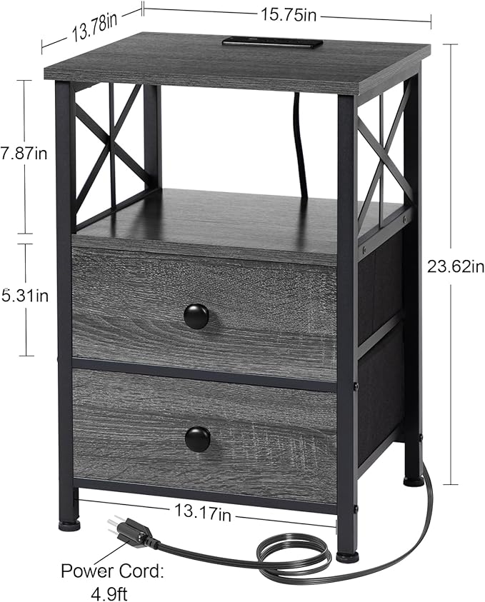 AMHANCIBLE Night Stand Set 2, Nightstand with Charging Station, End Tables Living Room with USB Ports and Outlets, Bedside Tables with Fabric Drawers for Bedroom, Dark Grey HET05XDG