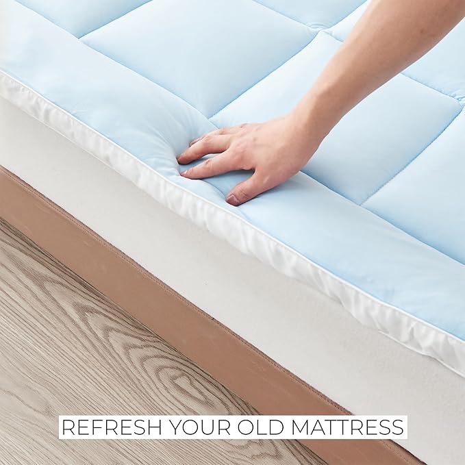 Great Bay Home Twin Cooling Mattress Topper. Thick, Elastic Corner Mattress Pad. Ultra-Soft Cooling Pillowtop Mattress Cover & Protector. Fits Mattresses up to 18” (Twin, Light Blue)