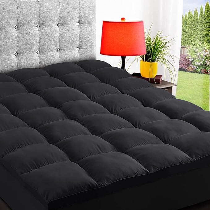 ELEMUSE King Black Mattress Topper for Back Pain, Extra Thick Mattress Pad Cover, Plush Soft Pillowtop with Elastic Deep Pocket, Overfilled Down Alternative Filling