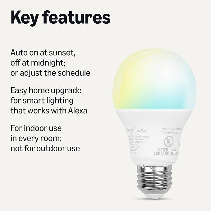 Amazon Basics Smart Indoor LED Light Bulb, Sunset-to-Midnight Activated, Works with Alexa Only, Tunable White, 7.5 W, 1-Pack