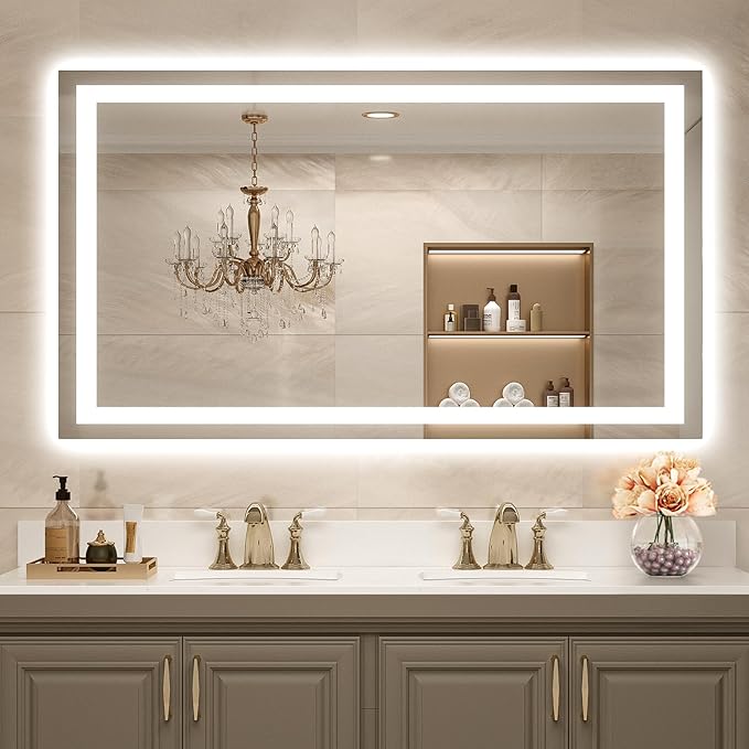 USHOWER LED Bathroom Mirror 55x30 Inch with Lights - Frameless Tempered Glass LED Backlit Lighted Mirror for Bathroom Vanity with Anti-Fog, 3 Colors Dimmable, Memory Function, Wall-Mounted