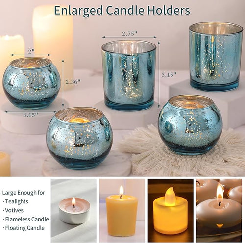 20 Pcs Assorted Lake Blue Votive Candle Holders, Larger Size Mercury Glass Candle Holder Bulk, Tealight Candle Holders for Wedding Decorations, Bridal Shower Table Decorations, Lake Blue Centerpieces