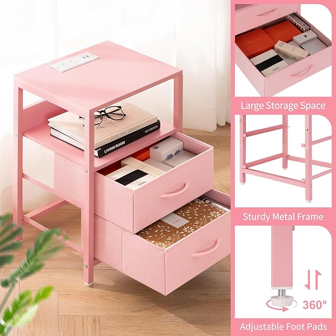 Yoobure Nightstand with Charging Station, LED Night Stand with Fabric Drawers and Storage Shelf for Bedroom, Nightstands Bedside Tables with USB Ports & Outlets, Small Night Stands, Bed Side Table