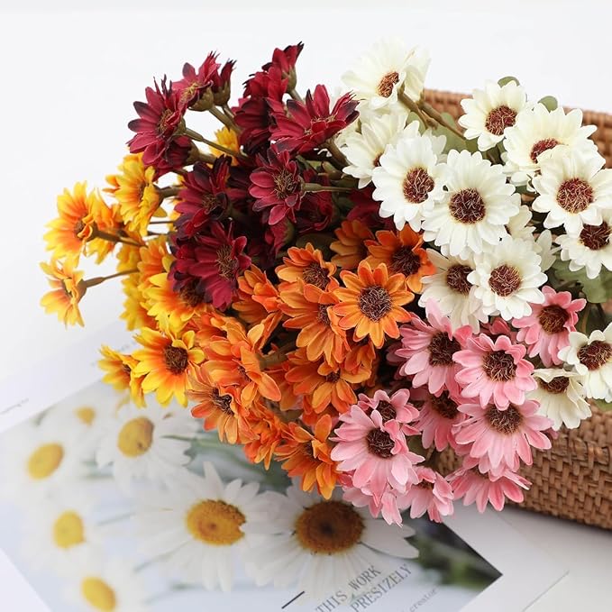 Artificial Mums for Outdoors, Faux Sunset Mum Flowers Planters for Indoor Outside Decor, Fake Look Real, Vibrant, UV Resistant, Waterproof, Windproof (Yellow, 10 Bundle)