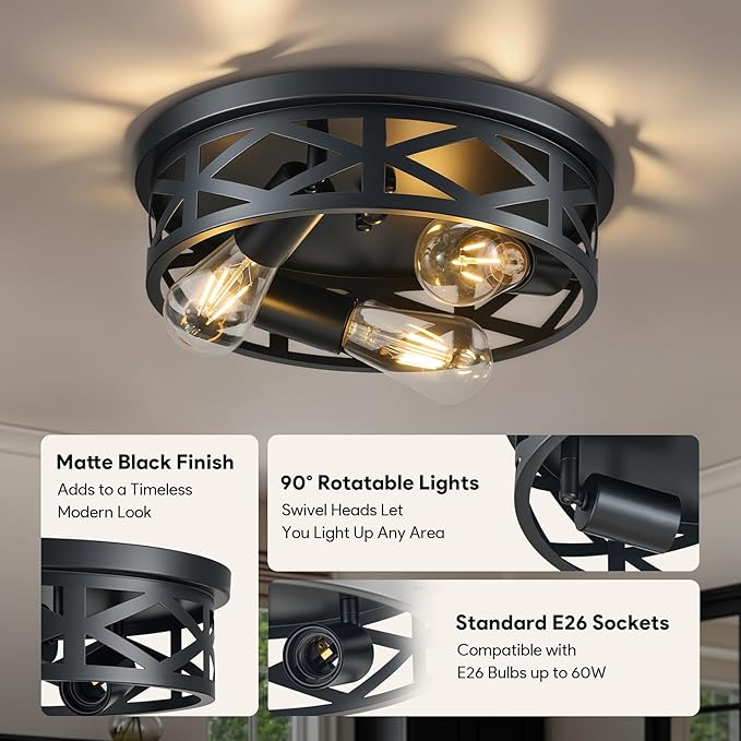 VONLUCE Flush Mount Ceiling Lights, 4-Light Hallway Ceiling Lighting Fixtures, 15 inch Farmhouse Metal Cage Ceiling Lights for Entryway Kitchen, Adjustable Lamp Holders, 2 pcs, Black