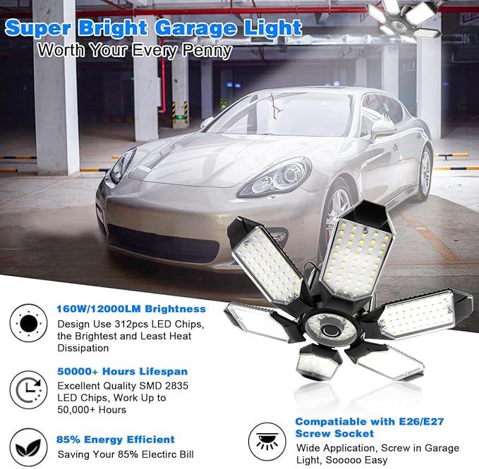 LED Garage Light - 160W Garage Light Bulb 64000LM 6500K Super Bright Garage Lighting w/ 6 Deformable Panels Screw in Shop Lights for Basement Workshop Warehouse Attic - 4Pack