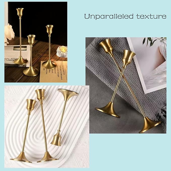 Candlestick Holders, Taper Candle Holders Set of 3, Vintage Candle Holder Decor for Table Centerpiece, Fireplace Mantel, Weddings & Housewarming (Brass Gold, 3 pcs)