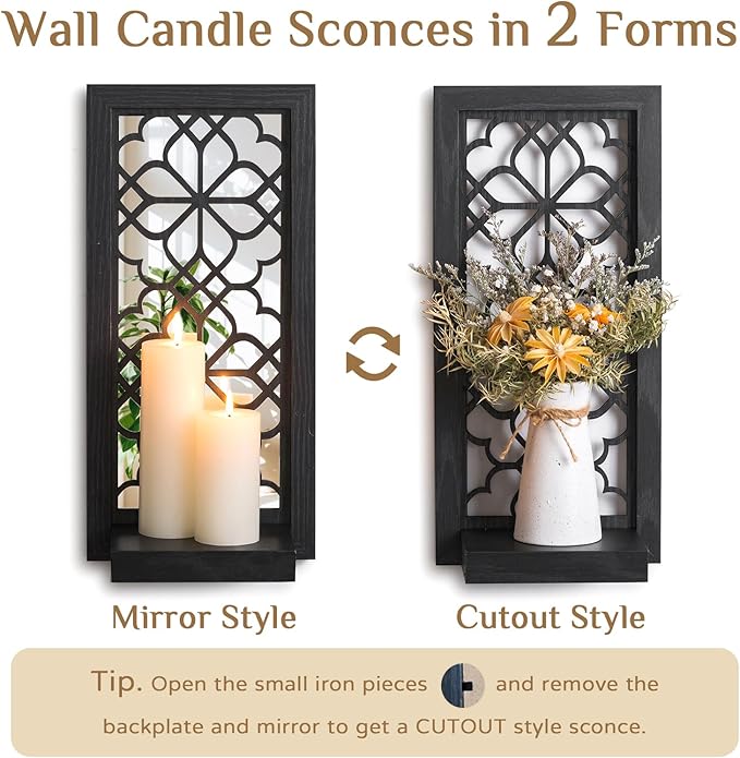 Black Candle Sconces Wall Decor - Gothic Wood Candle Shelves Decor for Plant Display - Halloween Wall Candle Holder Vintage Sconces for Office Fireplace Window Hallway