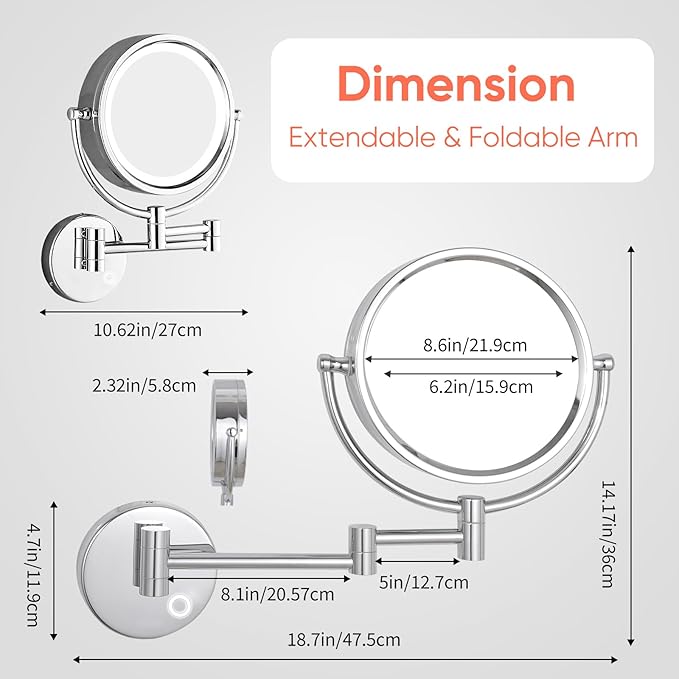 GURUN 8.5 Inch Magnifying Makeup Mirror with 3 Tones Dimmable LED Lights Double Sided Touch Control Rechargeable Vanity Mirror for Bathroom with 10X Magnification M1809DC-T (Chrome/10X)