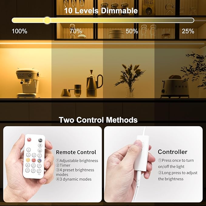 WOBANE COB LED Strip Light Kit,9.8ft Dimmable LED Light Strip with RF Remote for Kitchen Cabinet,Counter,Shelf,Hidden 3000K Warm White,CRI90+,Surper Bright,1500lm,Timing,960 LEDs,ETL Adapter