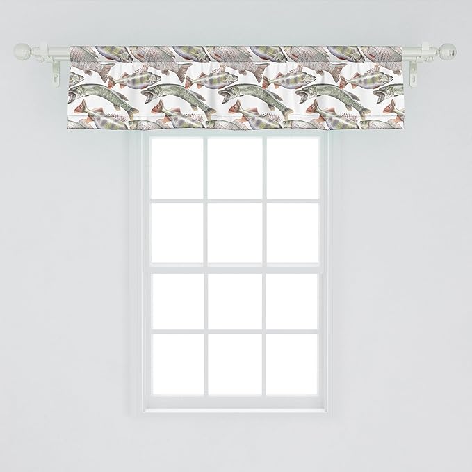 Ambesonne Fishes Window Valance Pack of 2, Watercolor Common Carp Perch and Bass Freshwater Animals Themed Seafood Drawing, Rod Pocket Curtain Valances for Kitchen Bedroom, 42" X 12", Pale Blue Grey