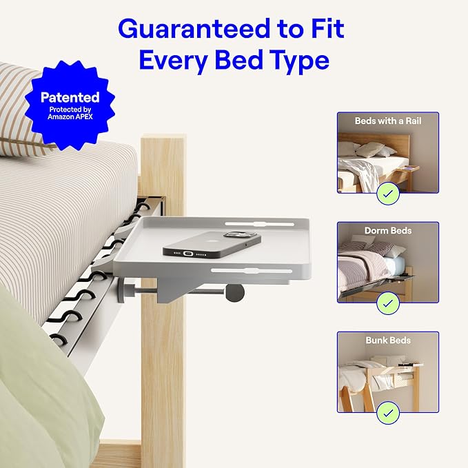 BedShelfie Bedside Shelf for Dorm Room Bunk Bed & Top Bunk, College Dorm Room Essentials, Bedside Caddy, Clip on Floating Tray, Bed Side Table Storage, Loft Nightstand Decor - Dorm Essential, White