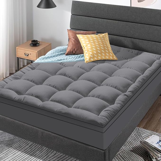 MATBEBY California King Mattress Topper, Extra Thick, Quilted Fitted, Breathable, Machine Washable, Deep Pocket, Dark Grey