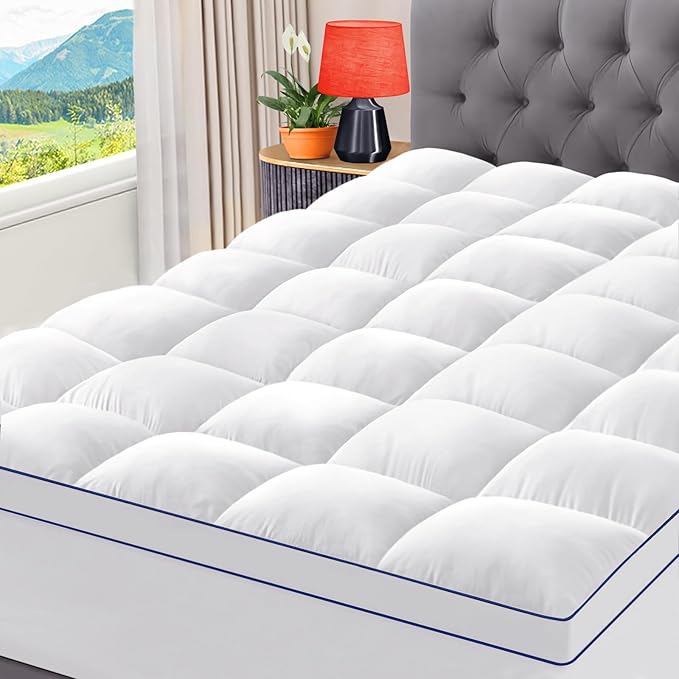 CYMULA Short Queen Mattress Topper, Cooling Bed Topper for Mattress, Thick Mattress Pad Cover Pillow Top Mattress Topper, Firm Plush Down Alternative Fill Protector
