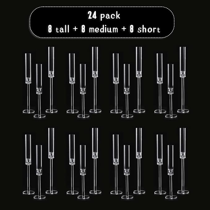 Vincidern 24pcs Taper Candle Holder Acrylic Candlestick Holder Clear Set for Table Centerpiece, Long Candle Stick Candle Stand Cylinder Shade for Halloween, Christmas Wedding Party Dining Room Decor