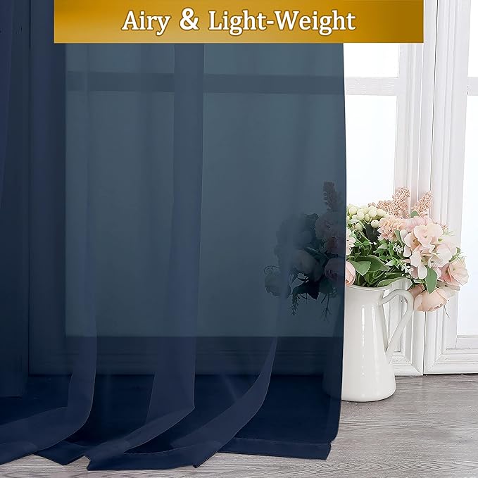 Aiyufeng Navy Blue Sheer Curtains 45 inch Length 2 Panels Set for Farmhouse Kitchen Room, Elegant Light Filtering Voile Window Treatments, Each is 40W x 45L Inches
