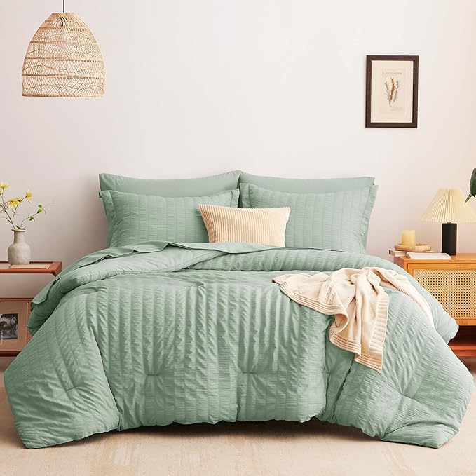 CozyLux Full Size Comforter Sets with Sheets Seersucker 7 Pieces Sage Green Bed in a Bag Textured Luxury Soft Bedding Set with Down Alternative Comforter, Sheets, Pillowcases & Shams for All Seasons
