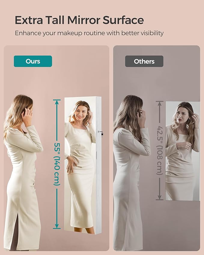 SONGMICS 55 Inches Tall Spacious Jewelry Cabinet, Jewelry Armoire with Light-Up Interior Mirror, Wall or Door Mounted Jewelry Storage Organizer, Lockable, Gift Idea, Cloud White UJJC032W01