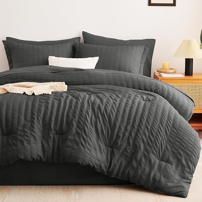 CozyLux King Size Comforter Set Dark Grey Seersucker 7 Pieces Bed in a Bag King Comforter Set with Sheets, Luxury Bedding Set with Down Alternative Comforter, Sheets, Pillowcases & Shams All Seasons