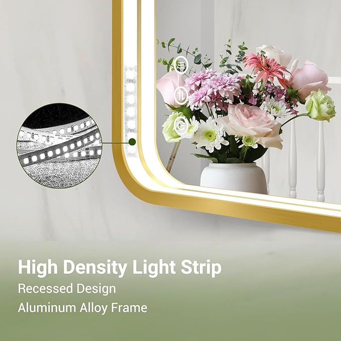 LED Bathroom Mirror with Lights, 48x28 Inch Gold Metal Framed LED Mirror for Bathroom, 3 Colors and Stepless Dimmable Wall Mounted Lighted Bathroom Vanity Mirror, Anti-Fog, Memory