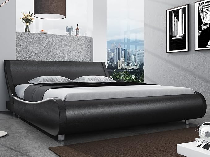 SHA CERLIN Modern Low Profile Platform Bed Frame King Size, Stylish Faux Leather Upholstered Sleigh Bed with Ergonomics Headboard, No Box Spring Needed, Glossy Black