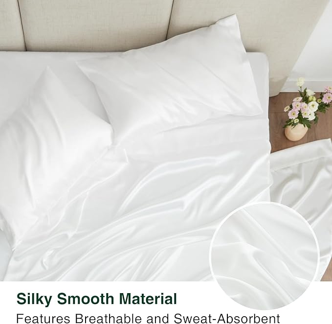 Love's cabin California King Satin Sheet Sets - 4 Piece White Silky Sheets Bed Set with Deep Pocket, Luxury Silk Feel Satin Cal King Sheet Set (1 Flat Sheet,1 Fitted Sheet,2 Pillow Cases)