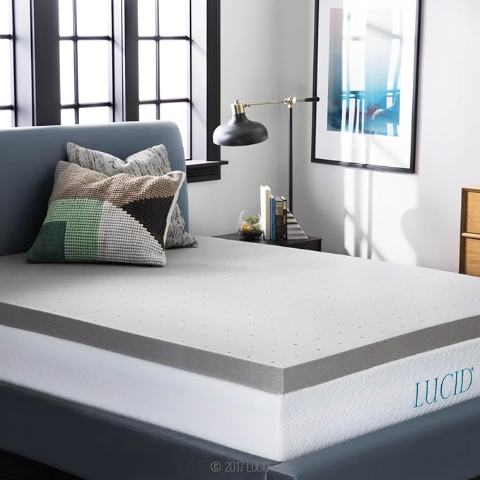 Lucid 3 Inch Ventilated Bamboo Charcoal Memory Foam Mattress Topper, CertiPUR-US Certified, Moisture and Odor Control-Queen