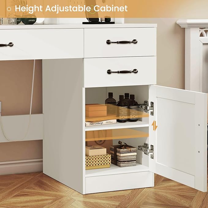 Quimoo Vanity Desk, Makeup Vanity with Lights, Large Mirror Vanity with 3 Drawers and 2 Cabinets, Vanity Table Set with Power Outlet and Glass Tabletop, for Bedroom, White