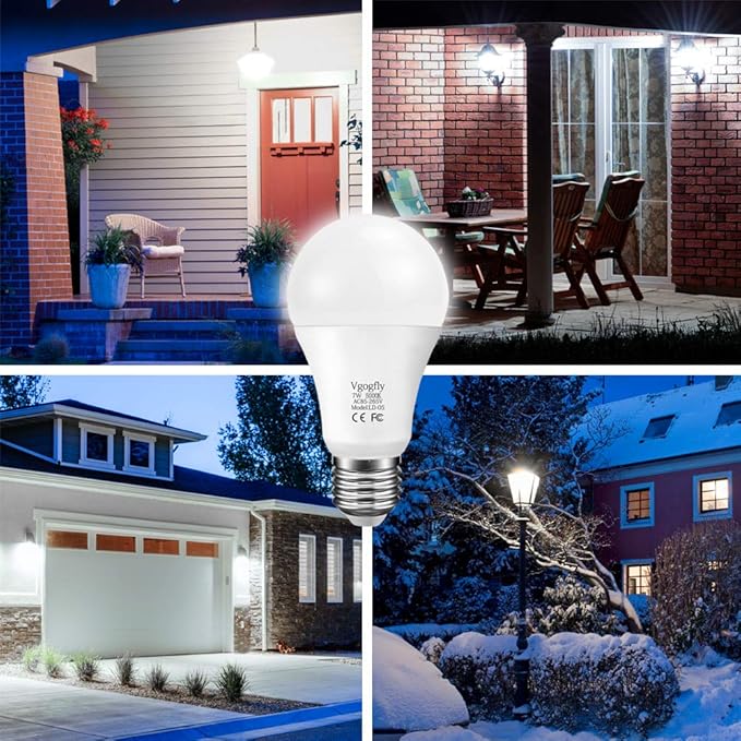Vgogfly Dusk to Dawn Light Bulb 7W Smart Dusk Till Dawn LED Photo Sensor Bulbs E26 Base Socket Outdoor Indoor Lighting Lamp Auto On/Off (Cool White, 3-Pack)