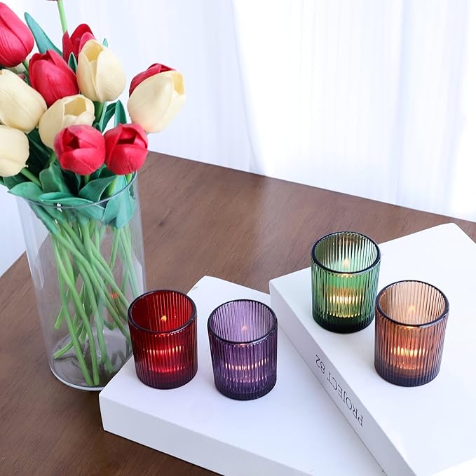 VOHO 24pcs Multicolor Tealight Candle Holder, Vintage Ribbed Tea Light Candle Holder Glass for Room Decor, 4 Color Votive Candle Holders for Table Centerpiece(Green/Red/Purple/Amber)