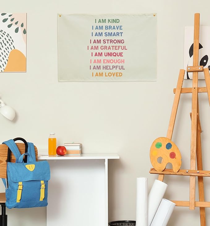 Boho Rectangular Banner Flag Wall Sign Decor Gift for Baby Boy Girl Kids,Positive Nursery Classroom Above Crib Bedroom Playroom Reading Room Essential Wall Decor- Christmas Gift I am Kind I am Brave