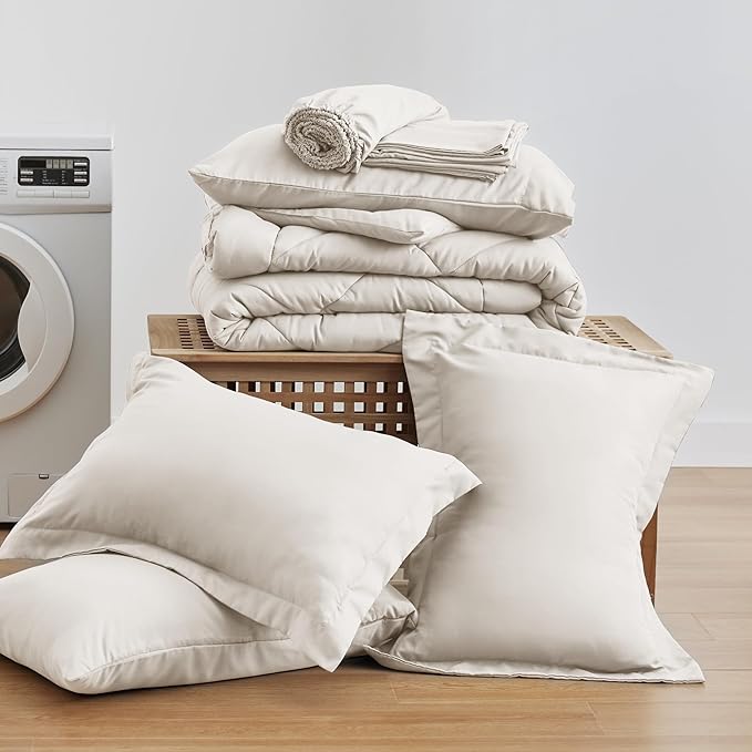 Love's cabin Full Comforter Set Off White, 7 Pieces Full Bed in a Bag, All Season Bedding Sets with 1 Comforter, 1 Flat Sheet, 1 Fitted Sheet, 2 Pillowcase and 2 Pillow Sham