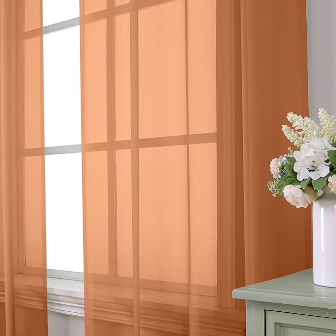 Aiyufeng Orange Sheer Curtains 45 inches Long, Short Kitchen Window Treatment Solid Sheers Cafe Curtains Bathroom Voile Half Window Curtains 2 Panels, Rod Pocket, 42" Wx45 L