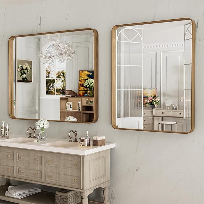 LOAAO 40X36 Inch Bathroom Mirror with Wood Grain Colored Metal Frame, Rounded Rectangle Metal Framed Bathroom Mirror, Anti-Rust, Hangs Horizontally or Vertically, Tempered Glass