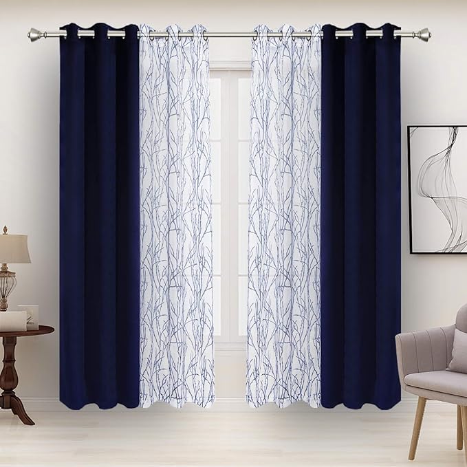 BONZER Mix and Match Curtains - 2 Pieces Branch Print Sheer Curtains and 2 Pieces Blackout Curtains for Bedroom Living Room Grommet Window Drapes, 37x63 Inch/Panel, Indigo, Set of 4 Panels